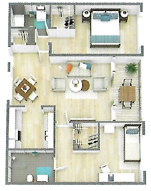 Floor plan for 2 beds, 2 baths, 1050 sqft